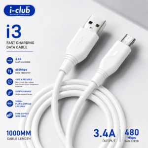 i-Club i3 3.4A Fast Charging Micro USB Cable | 1 Meter | 480Mbps Data Sync | Android Charging Cable