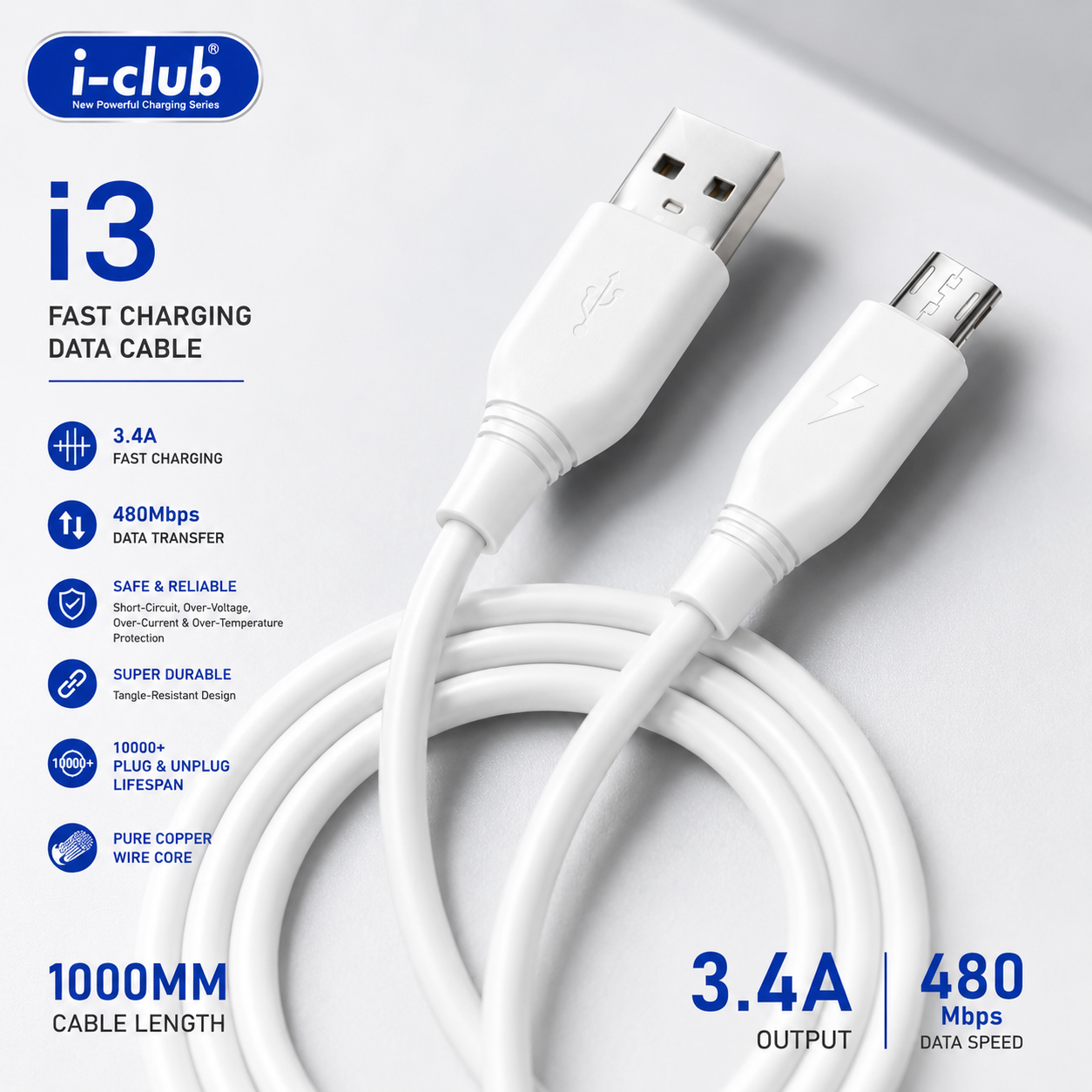 i-Club i3 3.4A Fast Charging Micro USB Cable | 1 Meter | 480Mbps Data Sync | Android Charging Cable