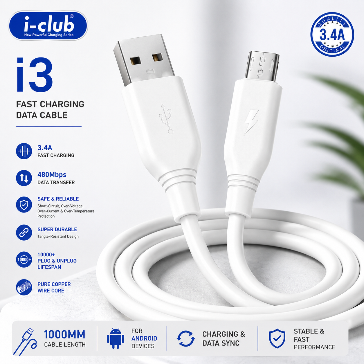i-Club i3 3.4A Fast Charging Micro USB Cable | 1 Meter | 480Mbps Data Sync | Android Charging Cable - Image 2