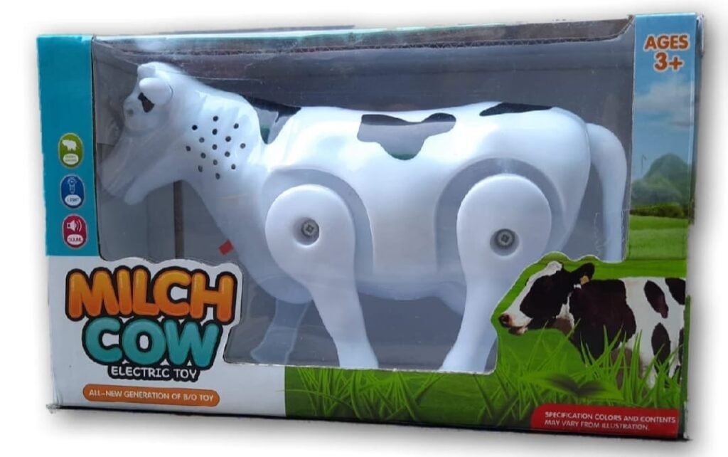 Funny Walking Musical Milch Cow Toy for Kids – Black & White Electric Animal with Lights, Sound & Moving Tail