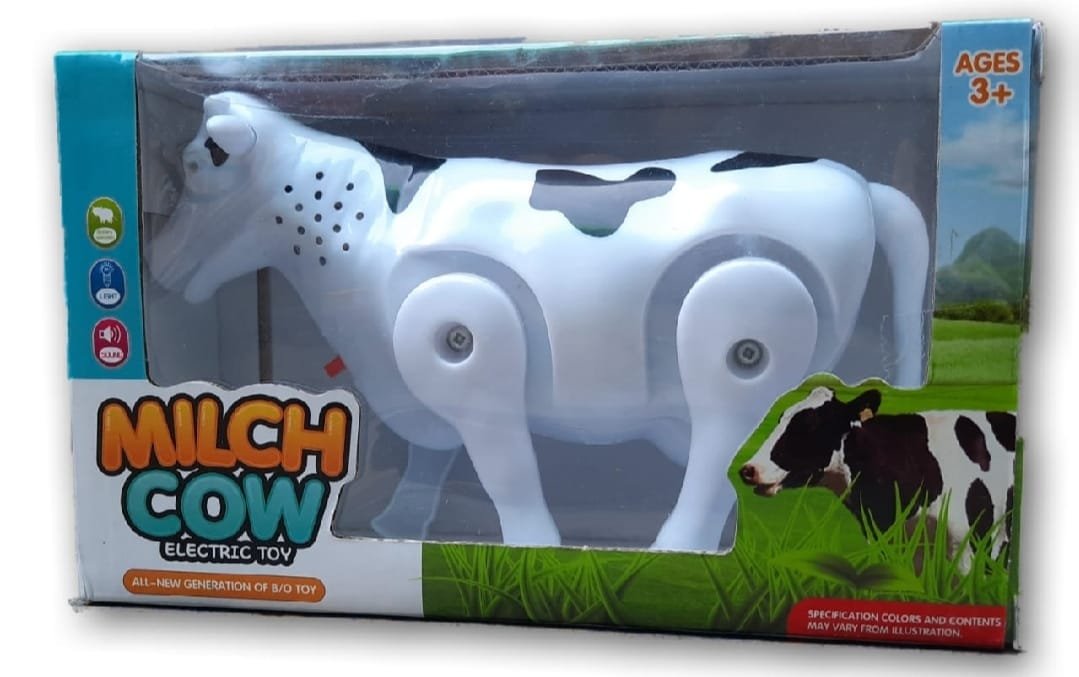 Funny Walking Musical Milch Cow Toy for Kids – Black & White Electric Animal with Lights, Sound & Moving Tail