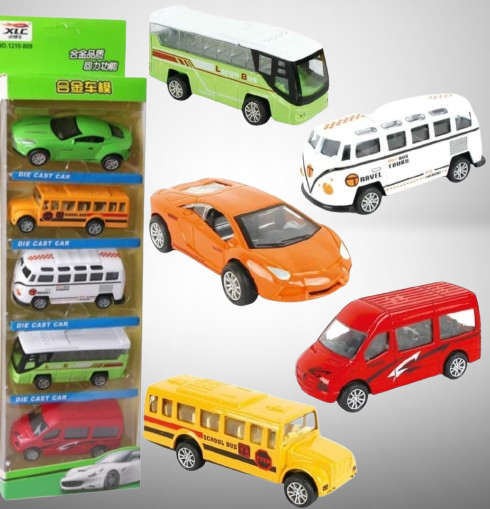 5-Piece Die Cast Metal Car and Bus Set – 1:64 Scale City Vehicle Collection for Kids – Pull Back & Release – Durable Metal & Plastic Construction – Educational Toy for Ages 3+ - Image 2