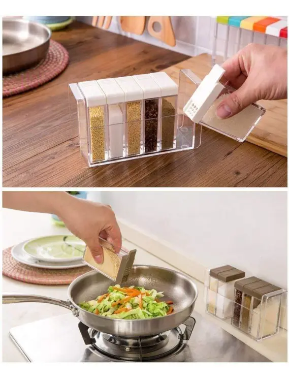 Spice Jars Dispenser Masala Rack Easy Flow Storage Crystal Seasoning Box Multicolour Set of 6 - Image 3