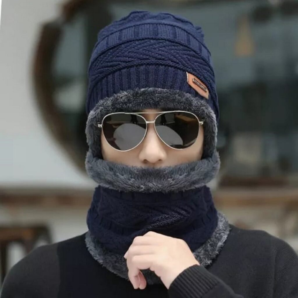 Winter Cap and neck Elastic Knitting Thick Fleece Warm Woolen Beanie Cap Sport Hat & Neck Scarf Set 2 Piece(Random colors)