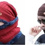 Winter Cap and neck Elastic Knitting Thick Fleece Warm Woolen Beanie Cap Sport Hat & Neck Scarf Set 2 Piece(Random colors) thumbnail 3