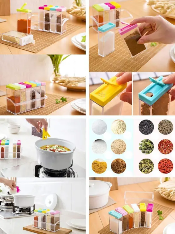 Spice Jars Dispenser Masala Rack Easy Flow Storage Crystal Seasoning Box Multicolour Set of 6 - Image 2