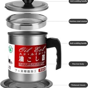 Oil Fryer Cookerwith Stainless Steel Fine Mesh with Lid Food Grade Iron Cooking Oil Filter Machine with Handle for Kitchen(1.4L)