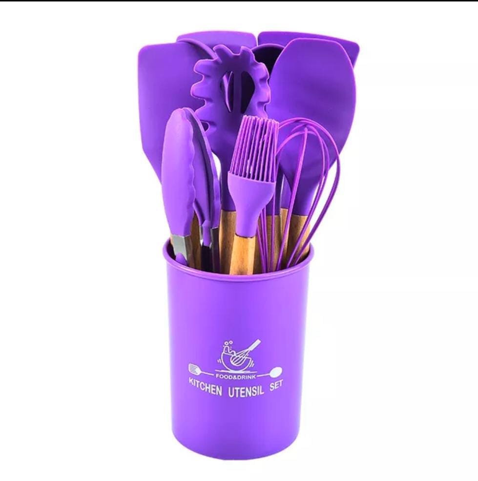 12 pcs set Wooden Handle Silicone Kitchen Utensils With Storage Bucket High Temperature Resistant And Non Stick Pot Spatula Spoon( random color ) - Image 2
