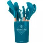 12 pcs set Wooden Handle Silicone Kitchen Utensils With Storage Bucket High Temperature Resistant And Non Stick Pot Spatula Spoon( random color ) thumbnail 1