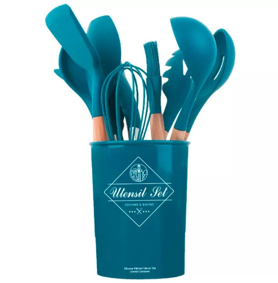 12 pcs set Wooden Handle Silicone Kitchen Utensils With Storage Bucket High Temperature Resistant And Non Stick Pot Spatula Spoon( random color )
