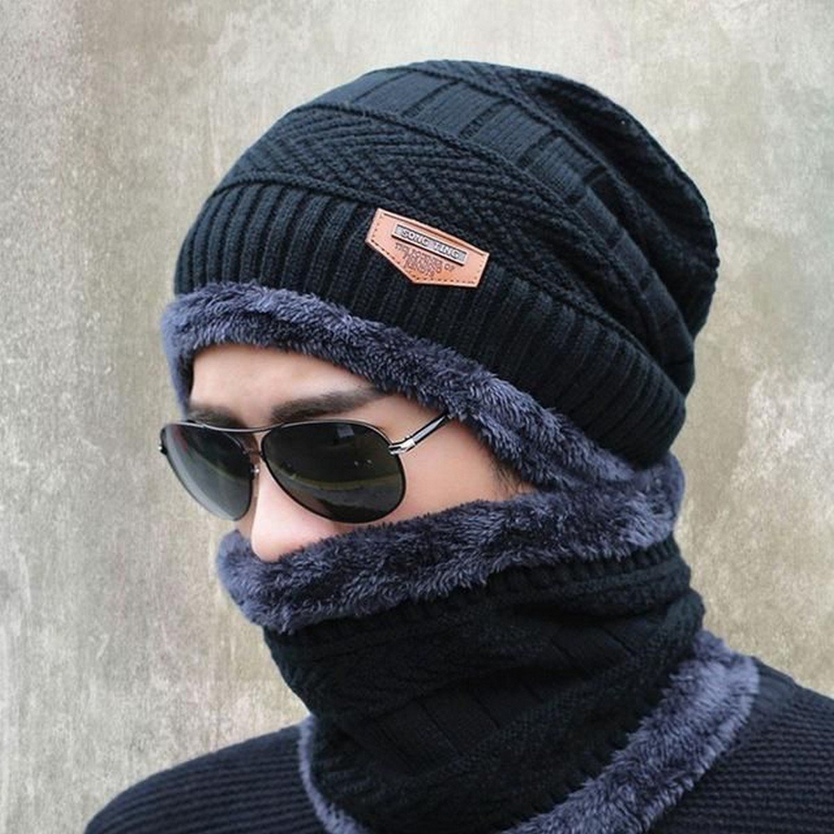Winter Cap and neck Elastic Knitting Thick Fleece Warm Woolen Beanie Cap Sport Hat & Neck Scarf Set 2 Piece(Random colors) - Image 2
